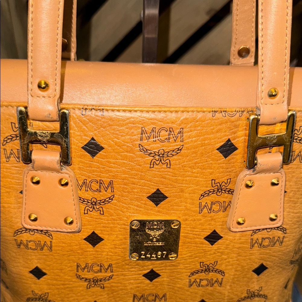 MCM Mini Cognac Leather Tote with Logo Pattern - Picture 2 of 16